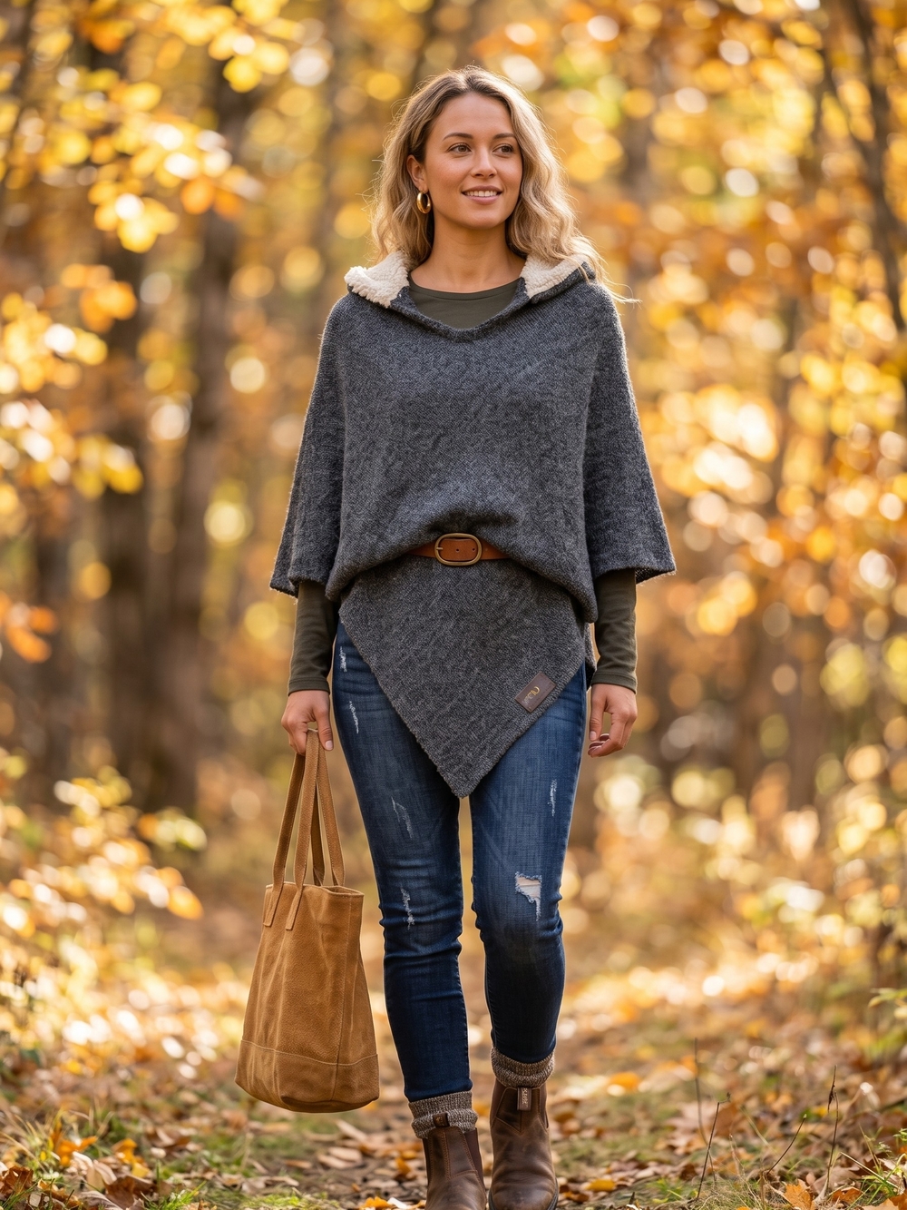 Urku Ecuador Hooded Poncho Knit Wrap Sherpa Trim Boho Cabincore Fall Cape Gray